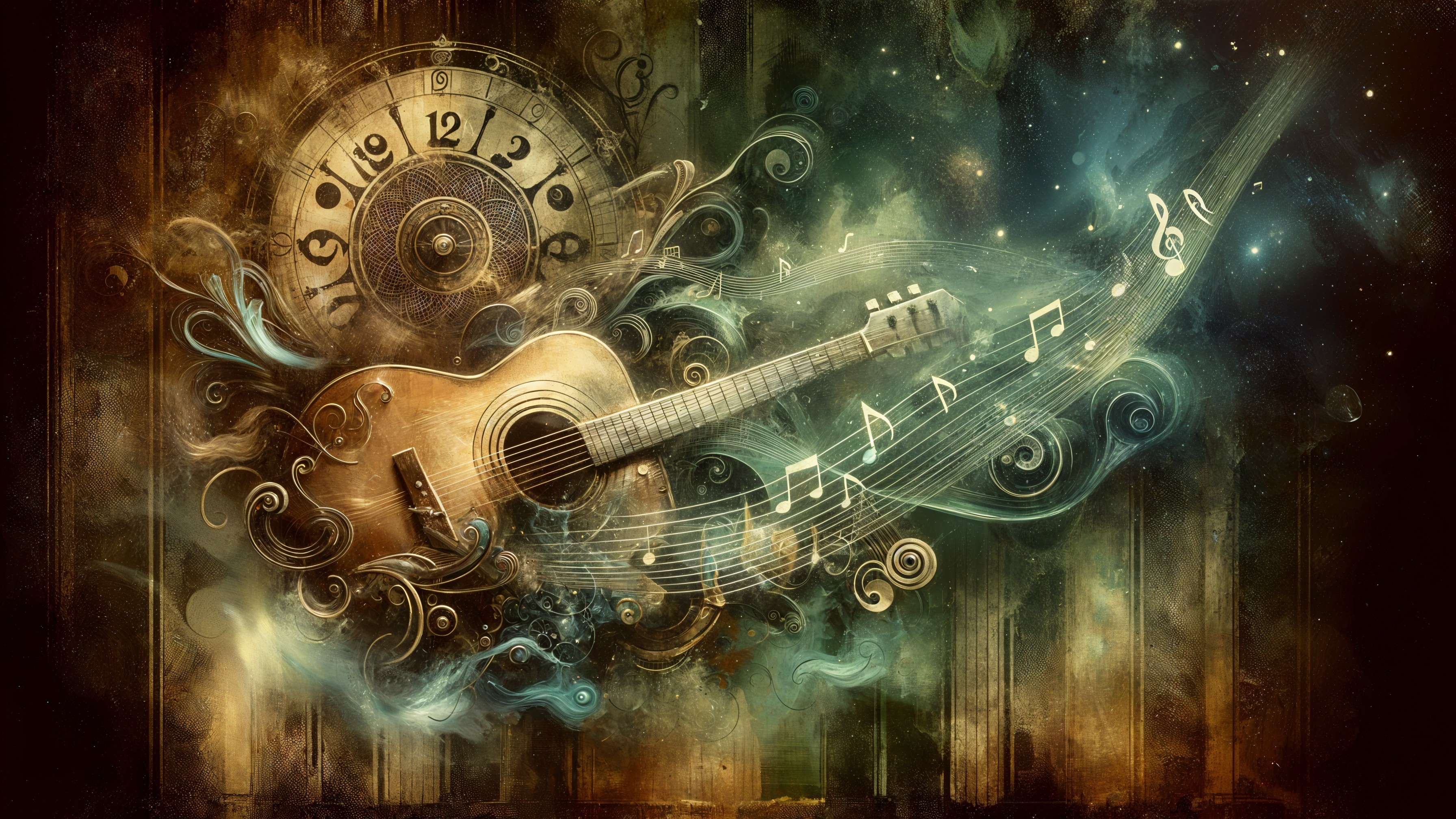 Detailed Acoustic Guitar with Musical Notes and Clockwork