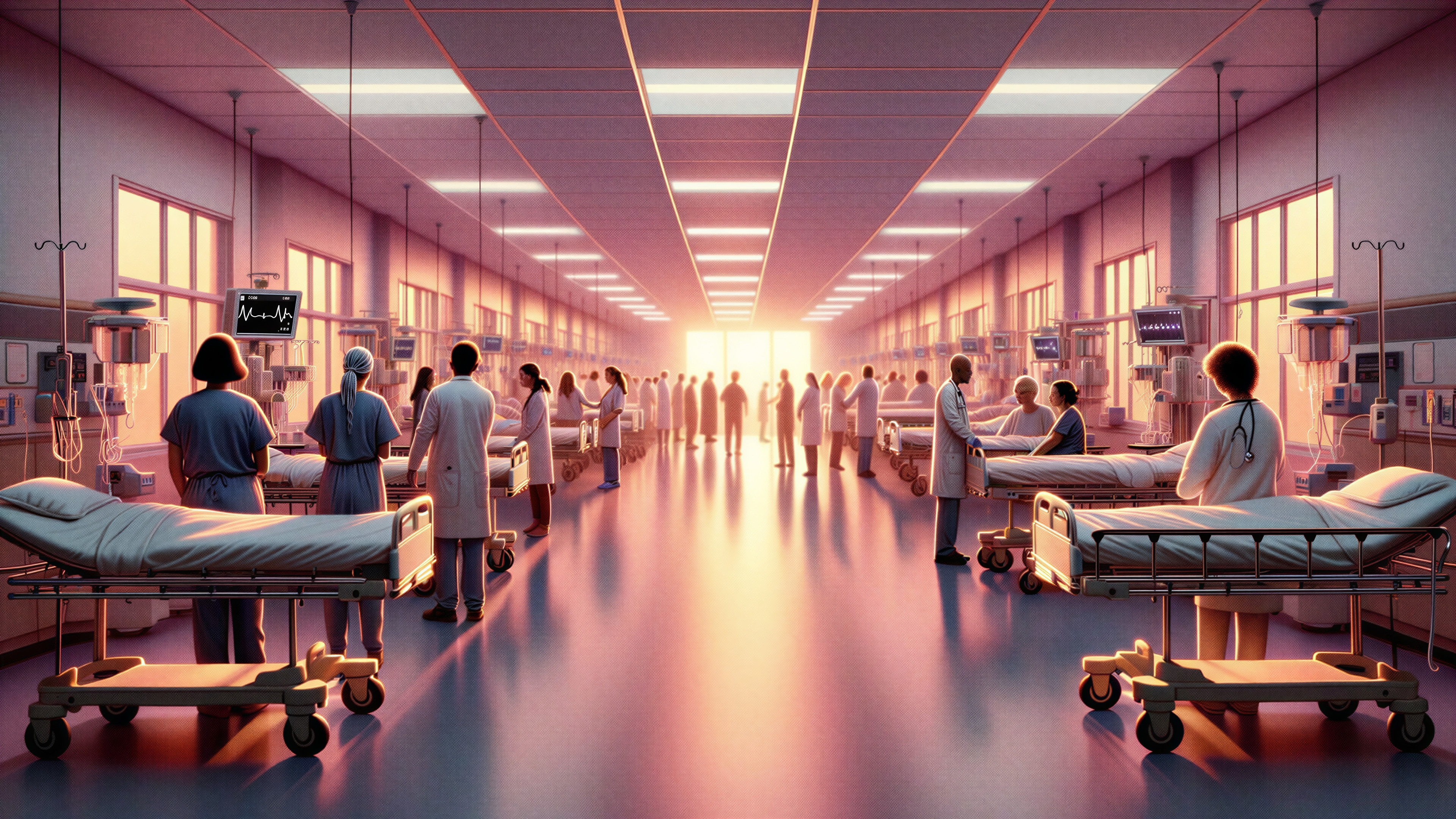 Bright Hospital Corridor with Medical Staff and Patients