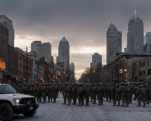 Soldiers in Military Gear Stand in City Street Scene