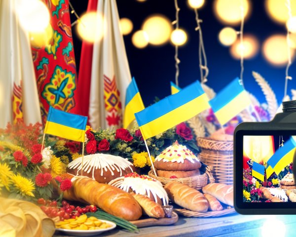 Ukrainian Festival Display with Flags and Pastries