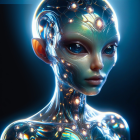 Hyper-realistic female humanoid robot with glowing circuitry and chrome finish on dark background
