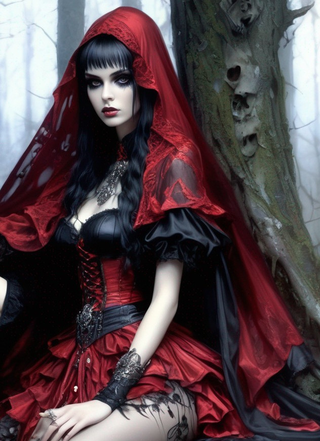 Gothic-inspired woman in red and black outfit in misty forest