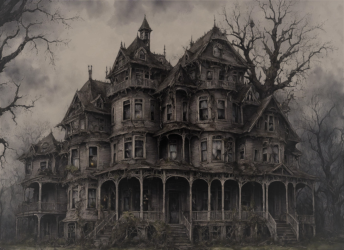 Eerie Gothic Victorian mansion in foggy setting