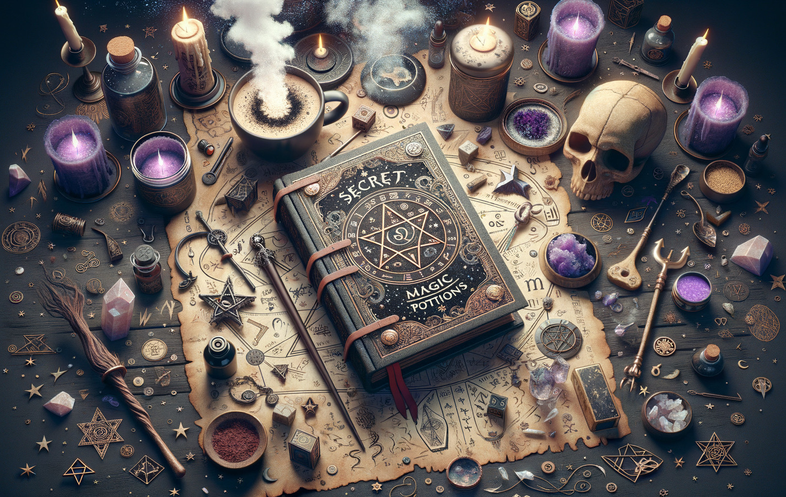 Occult Setup Featuring Grimoire and Magical Elements