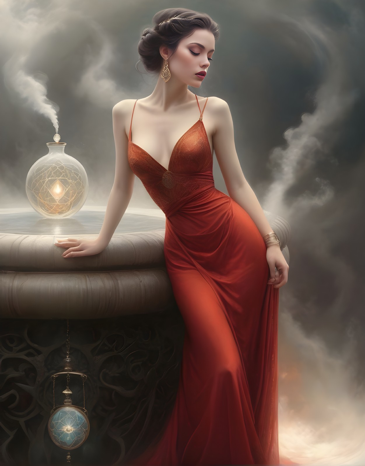 Elegant woman in red gown leans on stone balustrade in misty setting