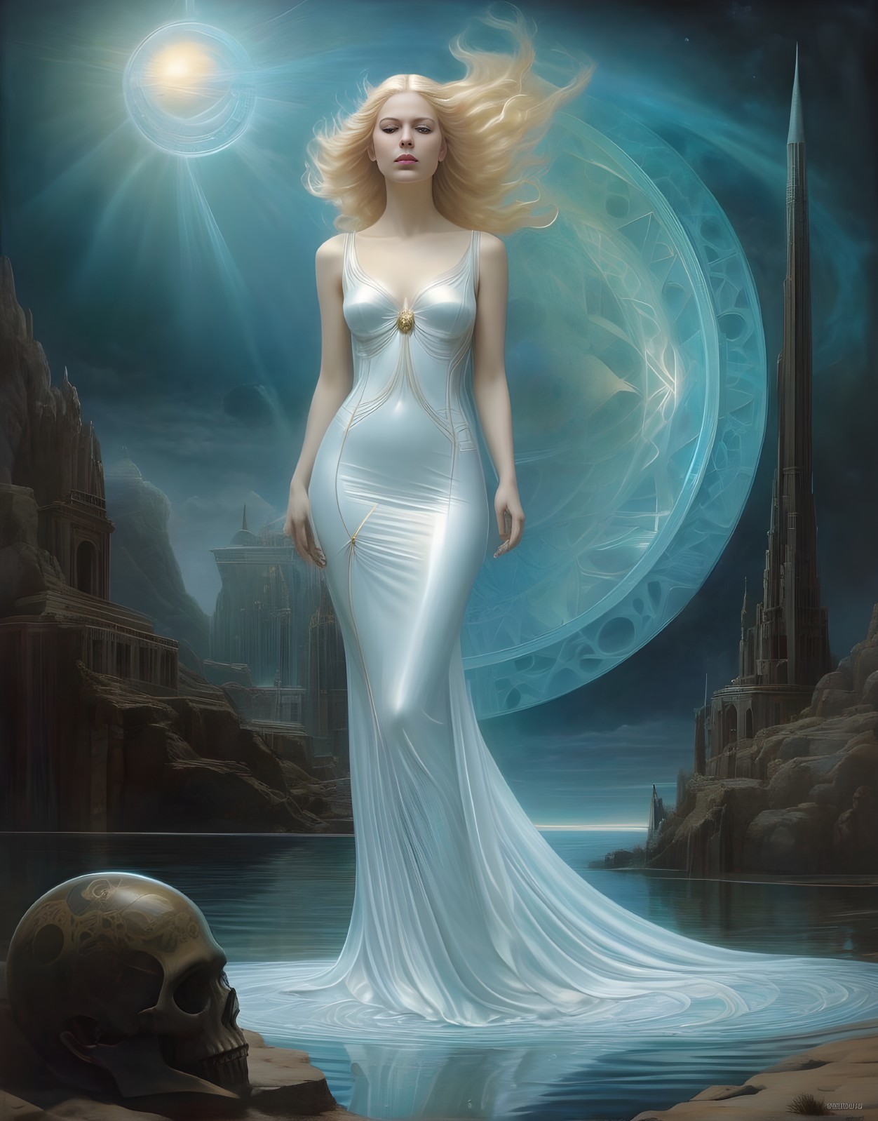 Mystical woman in white gown with celestial backdrop and skull.