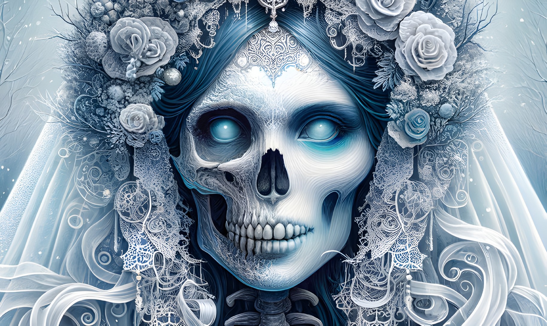 Skull with floral headdress and lace motifs in pale blue