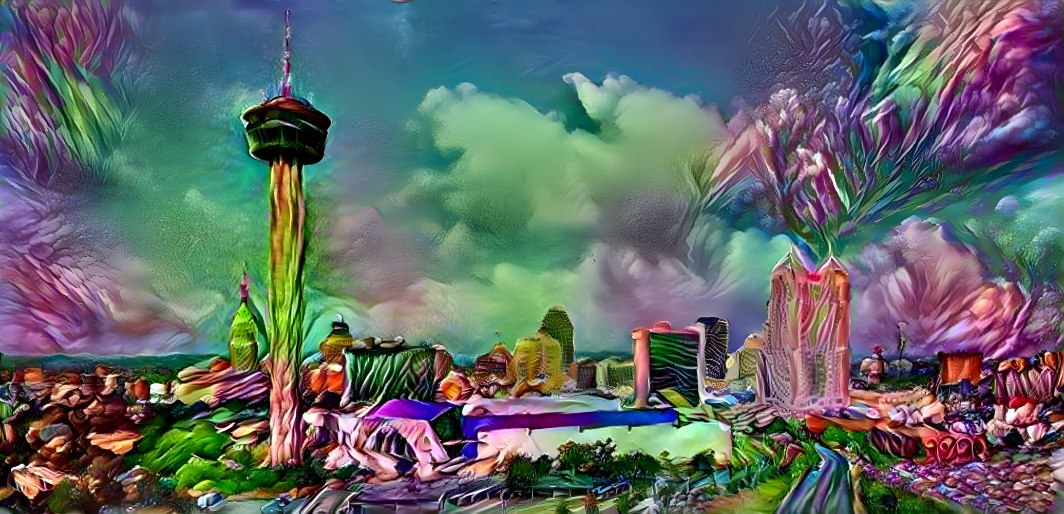 Surreal City Skyline with Dramatic Cloud Colors