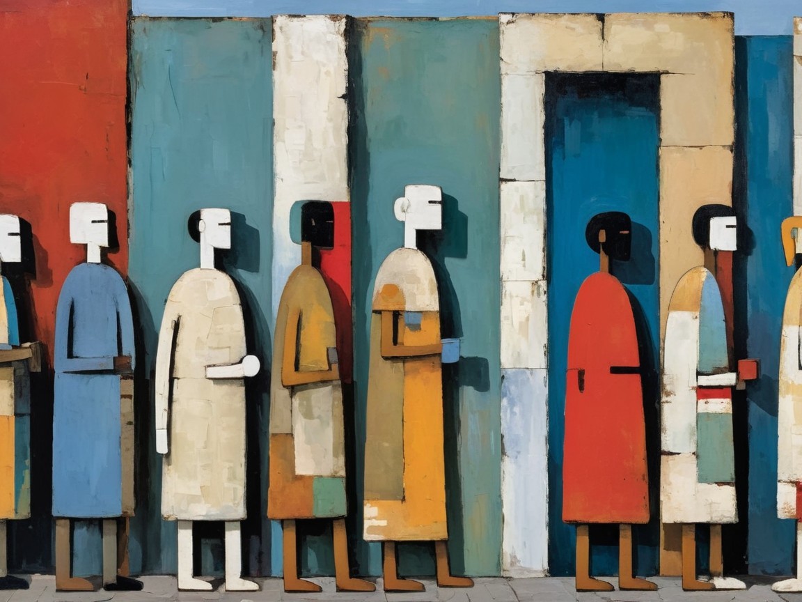 Stylized Figures Against Colorful Abstract Background