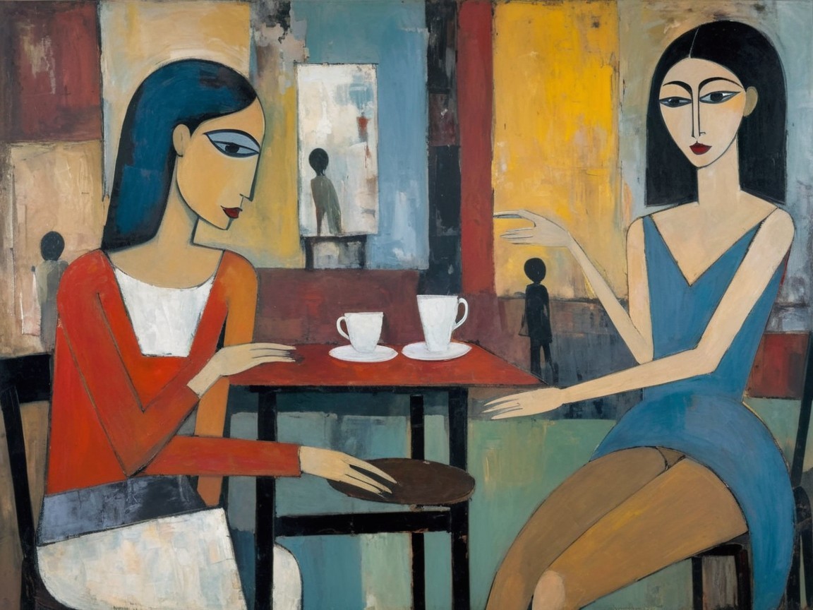 Café Scene with Two Women in Distinct Outfits