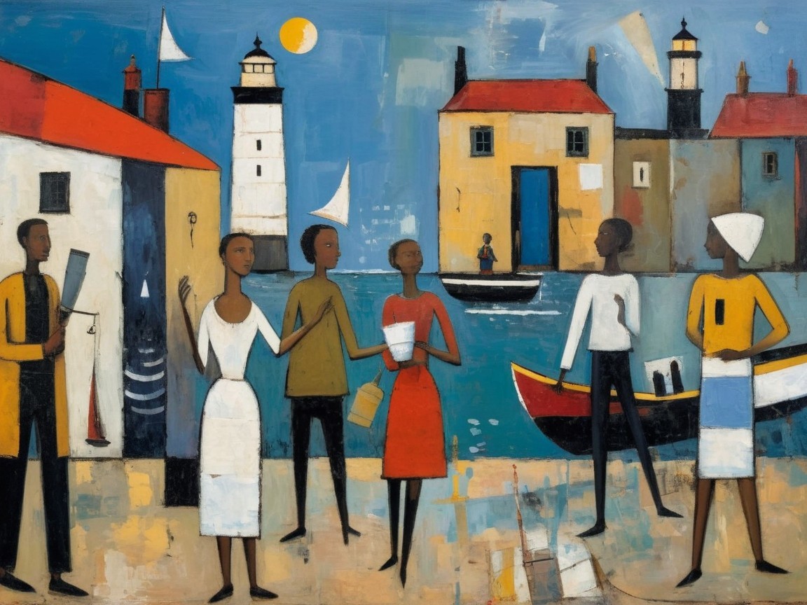 Vibrant Coastal Scene with Stylized Figures and Boats