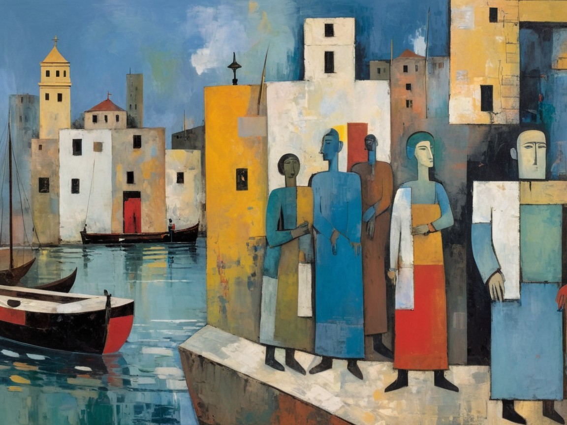 Vibrant Coastal Scene with Stylized Figures and Boats