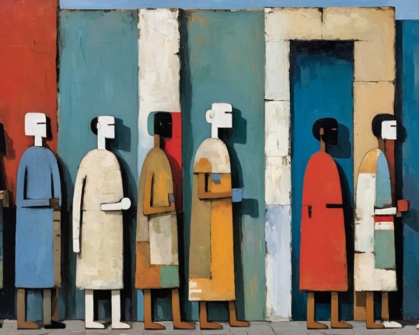 Stylized Figures Against Colorful Abstract Background