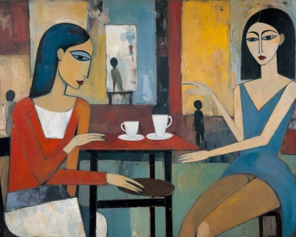 Café Scene with Two Women in Distinct Outfits