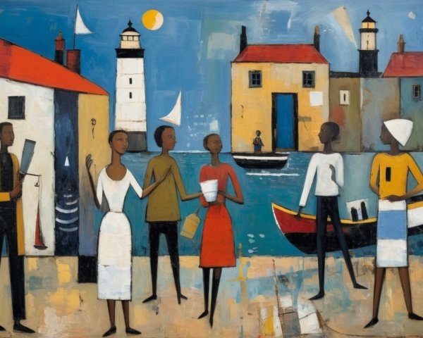 Vibrant Coastal Scene with Stylized Figures and Boats