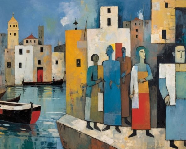 Vibrant Coastal Scene with Stylized Figures and Boats