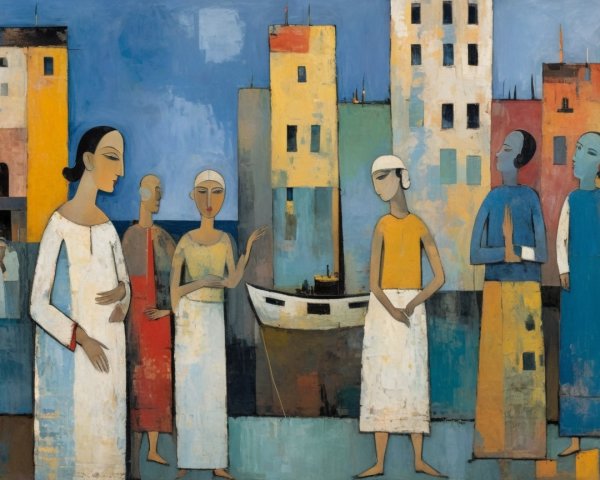 Vibrant Coastal Scene with Stylized Human Figures