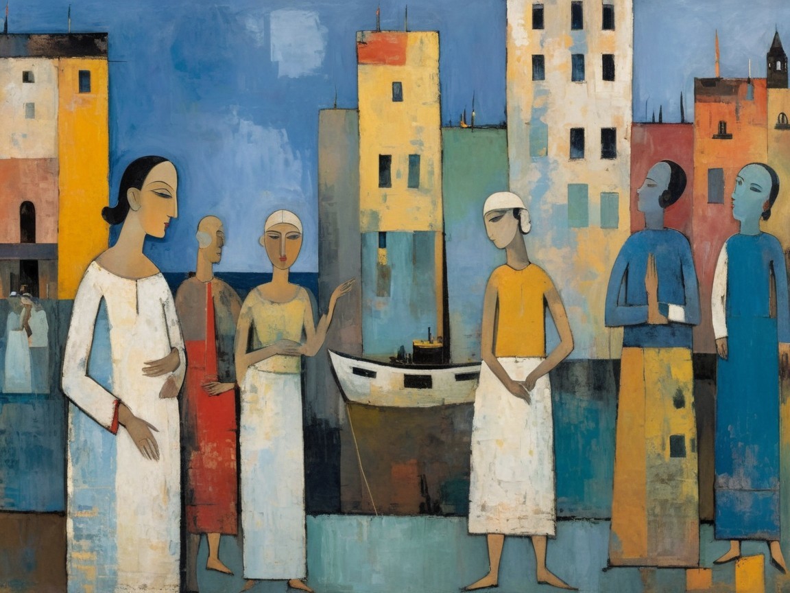 Vibrant Coastal Scene with Stylized Human Figures