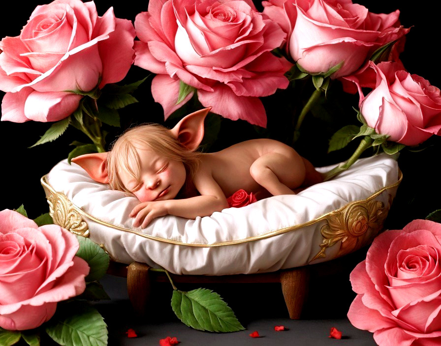 Sleeping baby with elfin ears in ornate bed among pink roses on dark background
