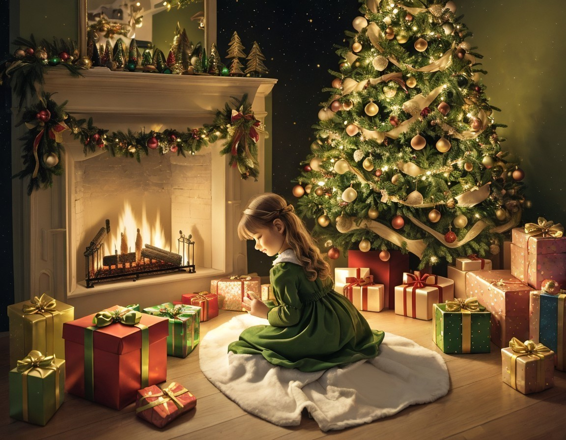 Child in Green Dress by Fireplace with Christmas Tree and Gifts
