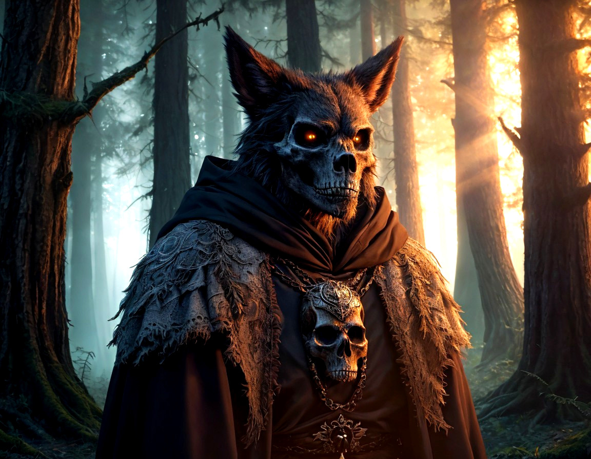 Wolf-headed figure in dark cloak in sunlit forest