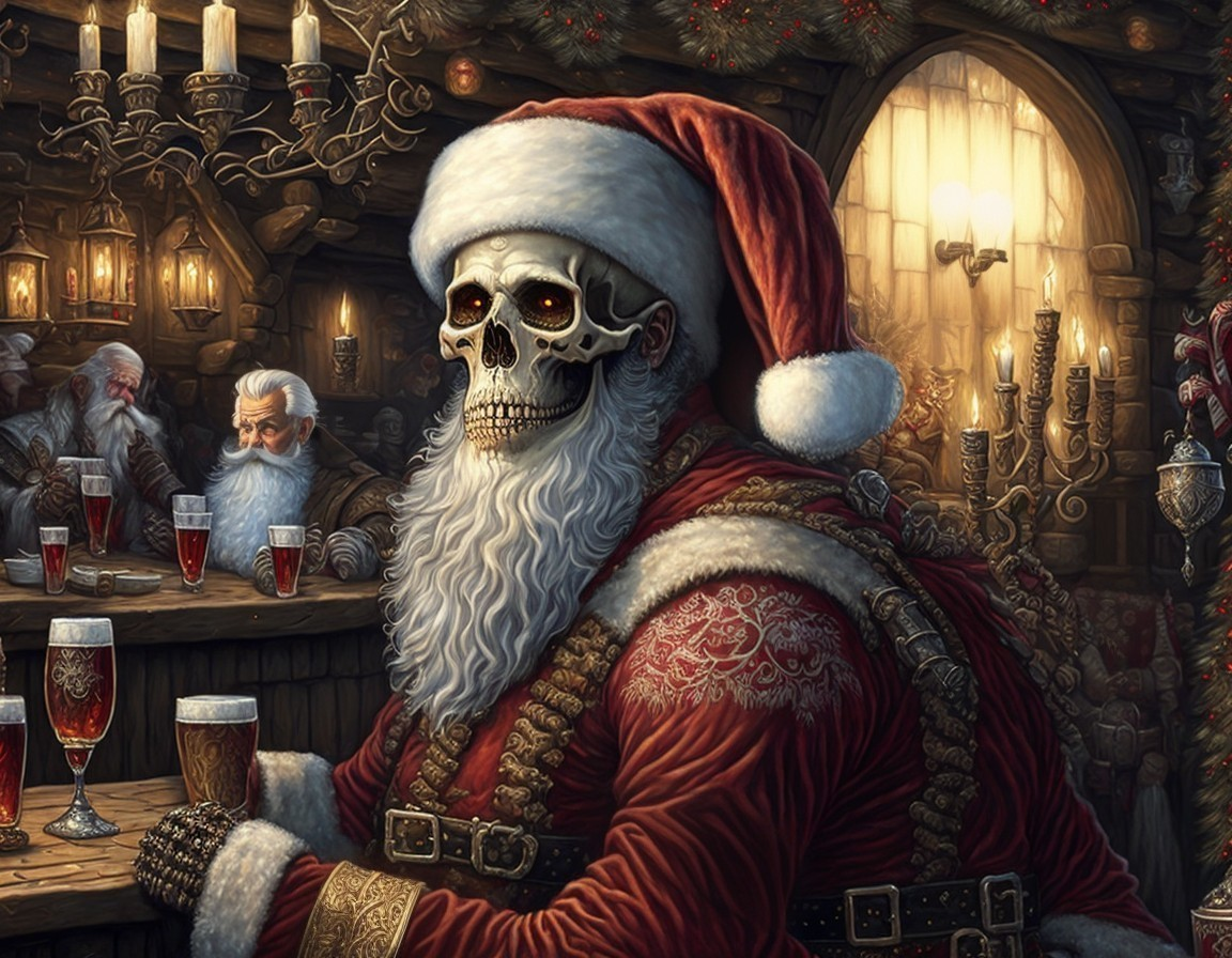 Skeletal Santa Claus in festive red coat at tavern gathering