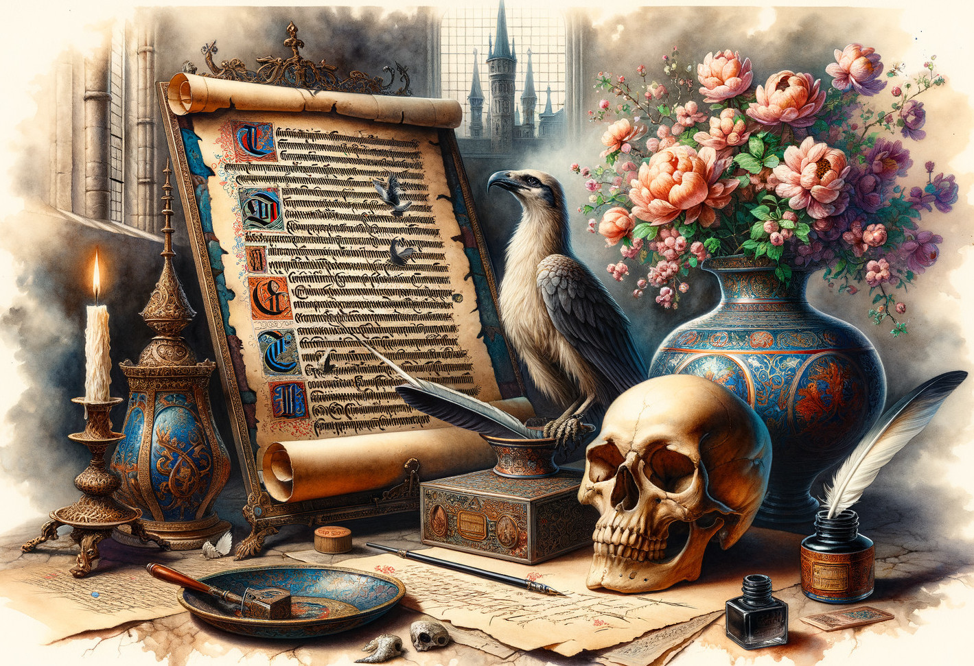 Intricate still-life with scroll, quill pen, skull, raven, and more