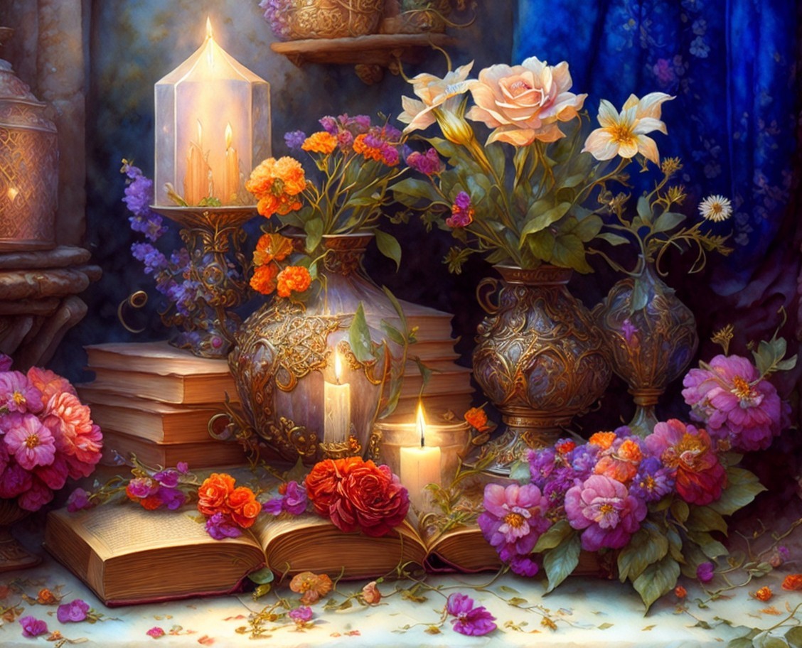 Ornate Vases with Flowers and Candles on Blue Fabric