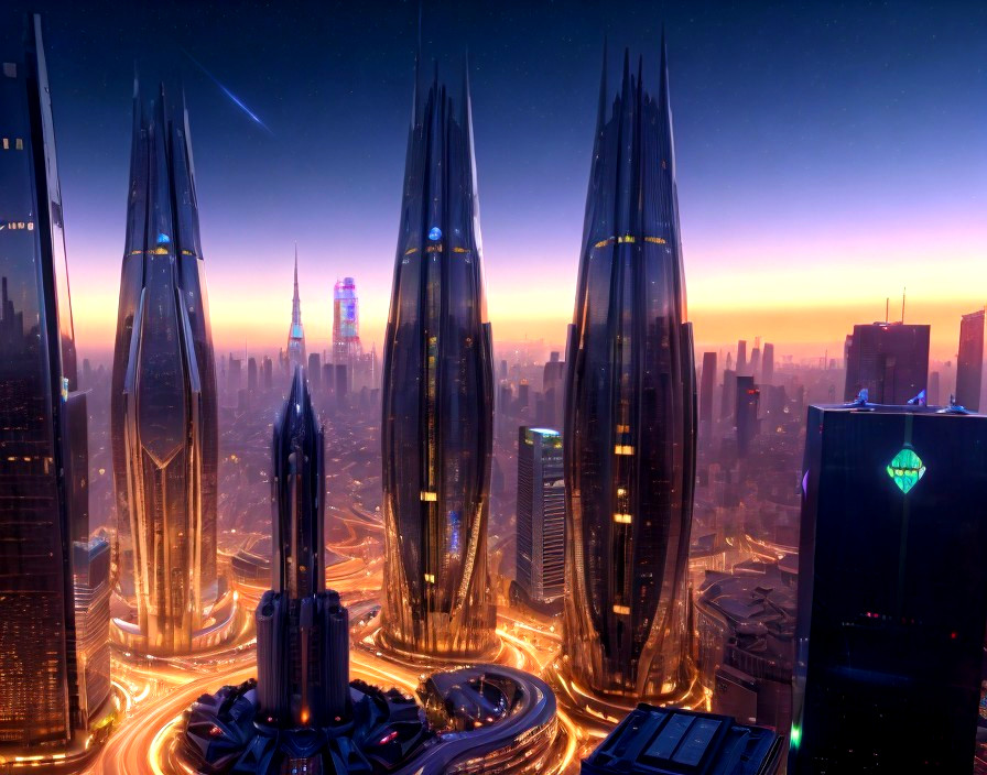 Futuristic city skyline at sunset with glowing skyscrapers