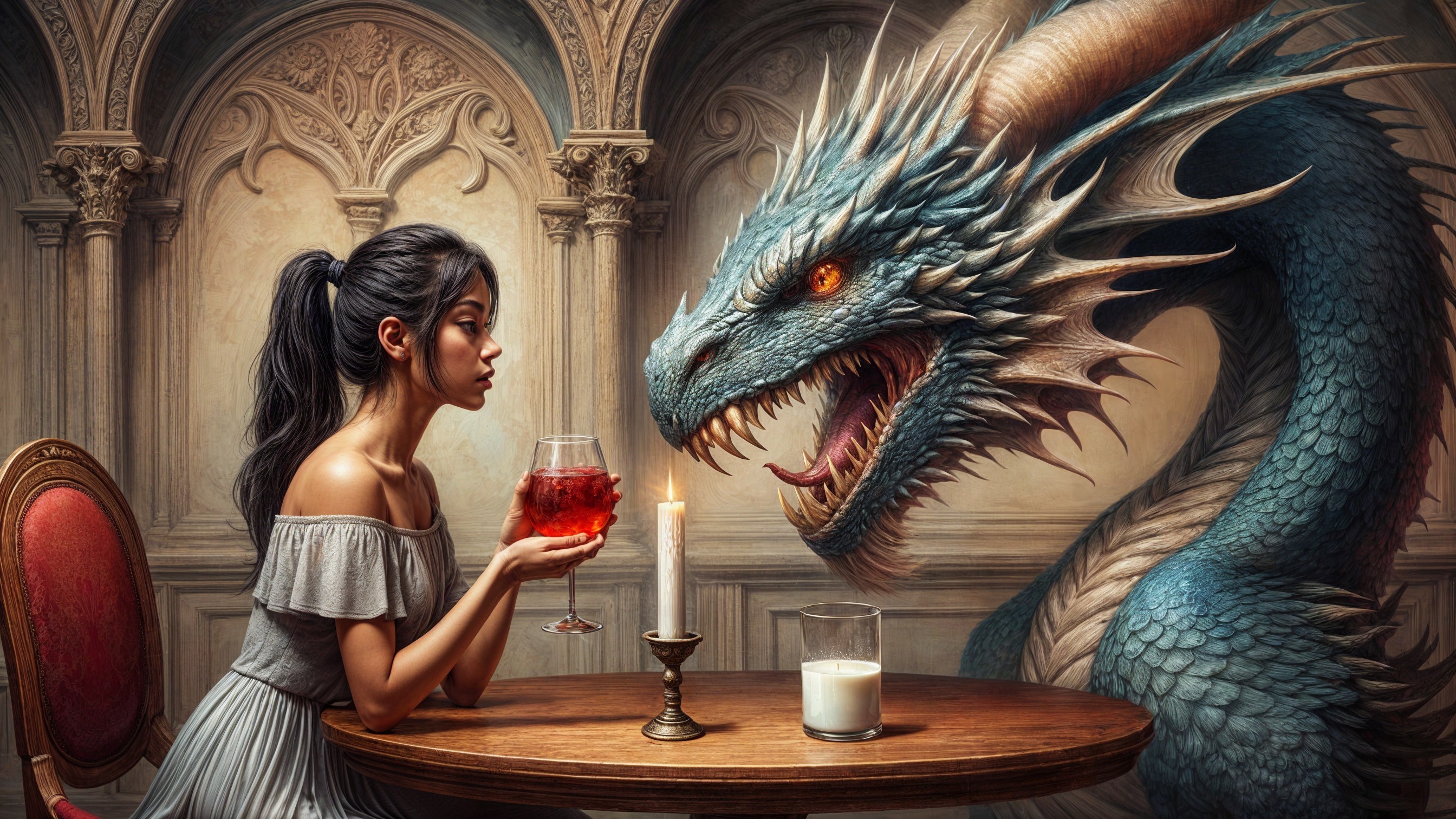 Young woman and blue dragon in ornate setting