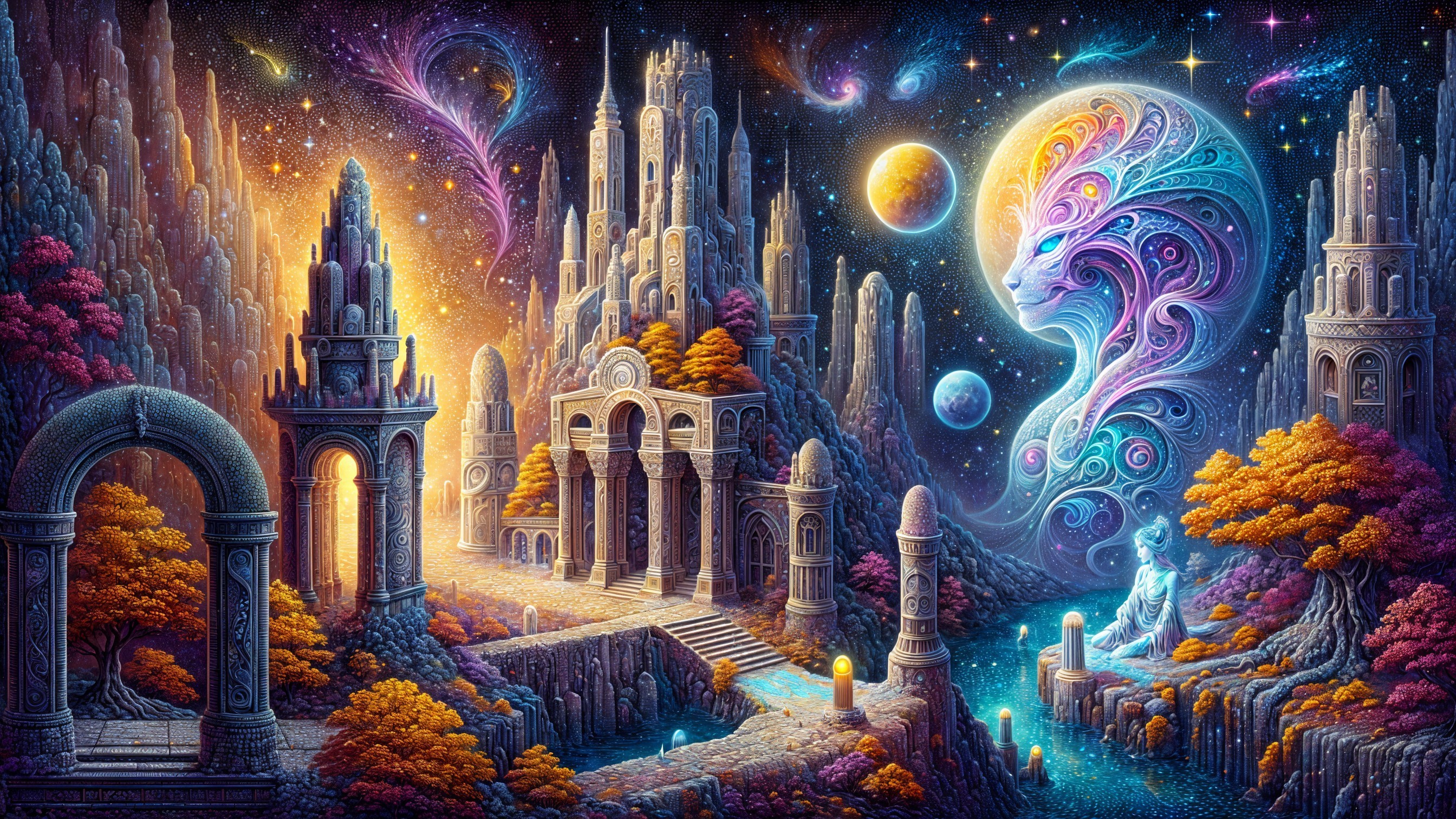 Vibrant Cosmic Landscape with Towers and Galaxies