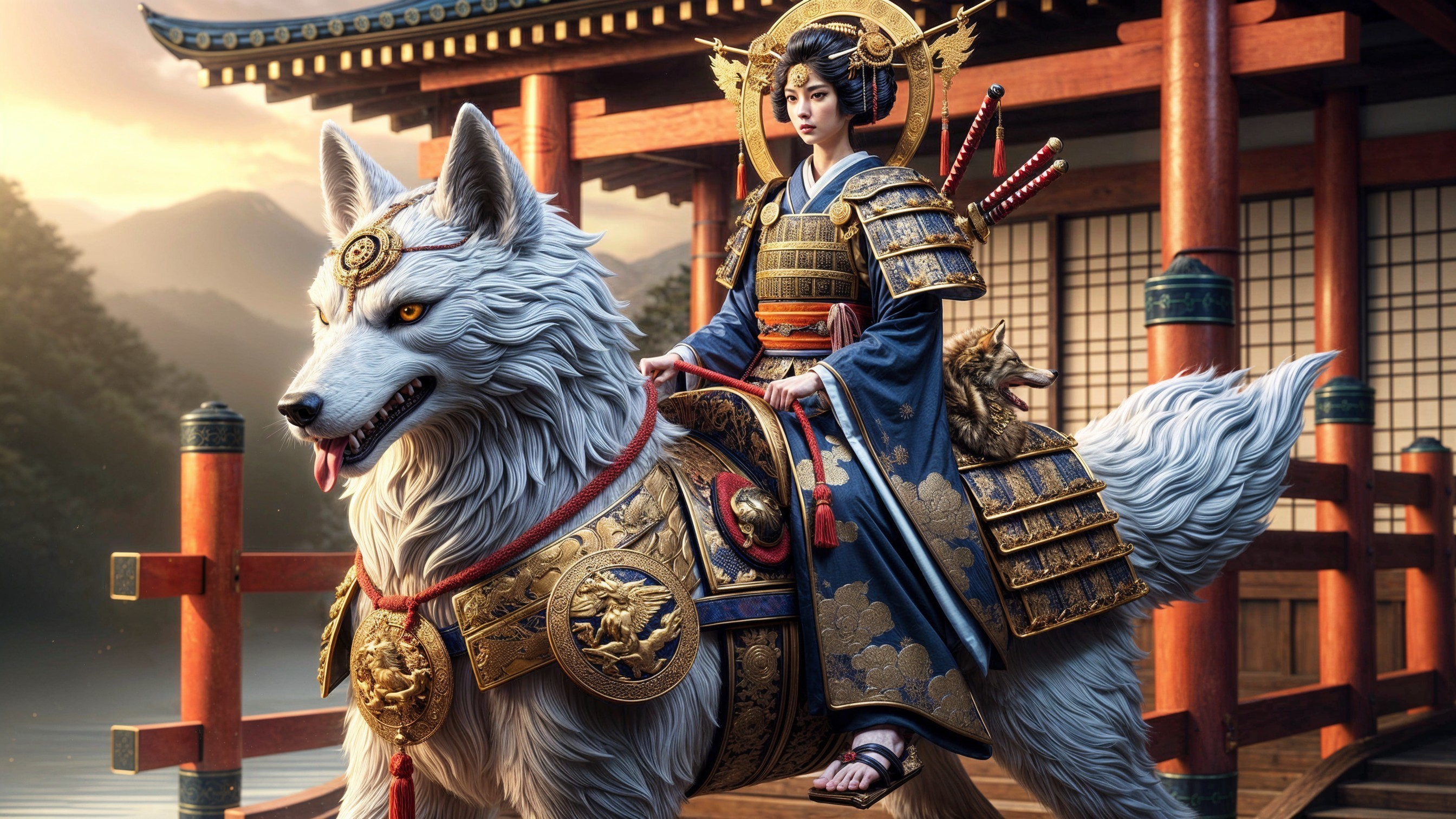 Warrior Princess on White Wolf in Serene Landscape