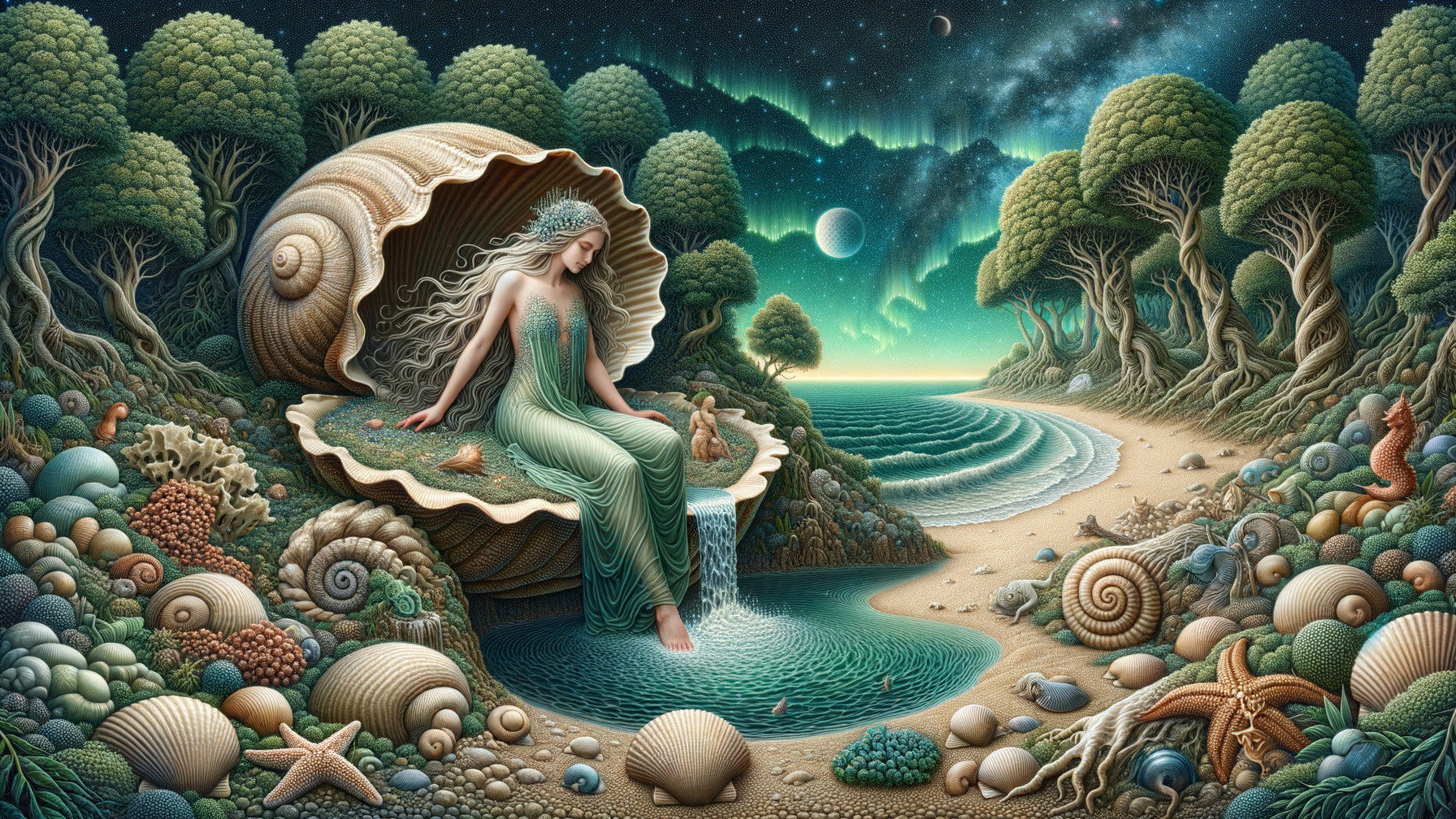 Mystical Mermaid Figure in Seashell by Tranquil Beach