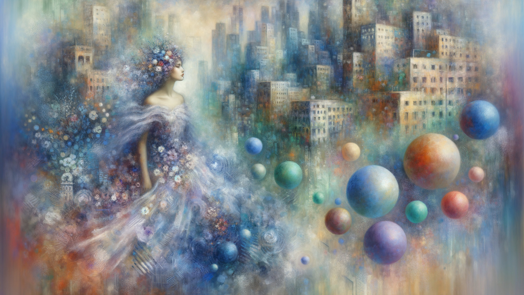 Woman in Floral Dress Amidst Blurred Cityscape