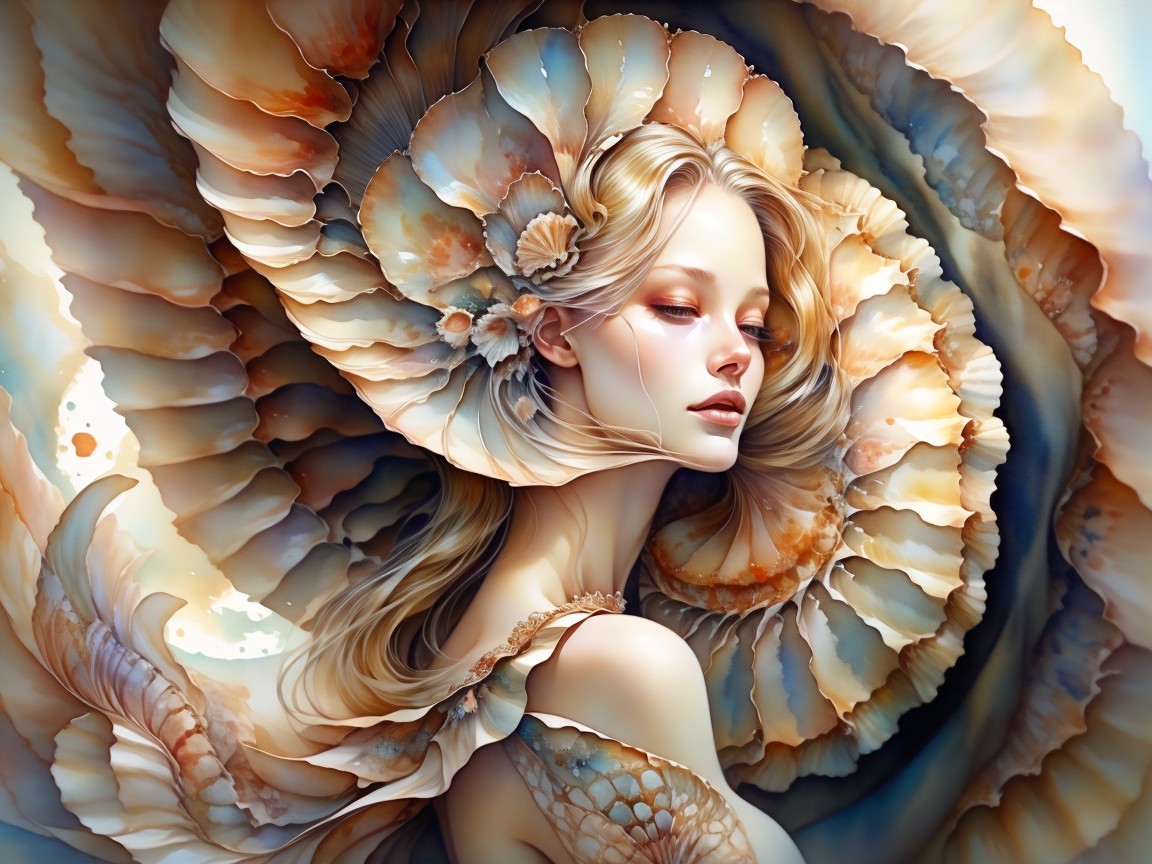Serene Woman Surrounded by Seashells and Ocean Patterns