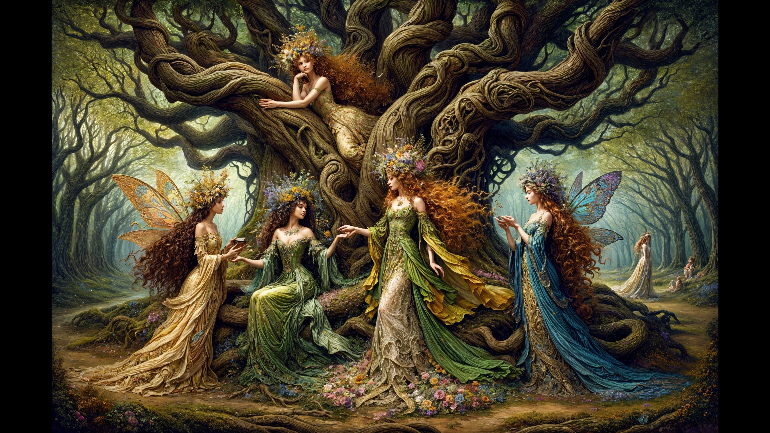 Five Ethereal Women in a Lush Forest Scene