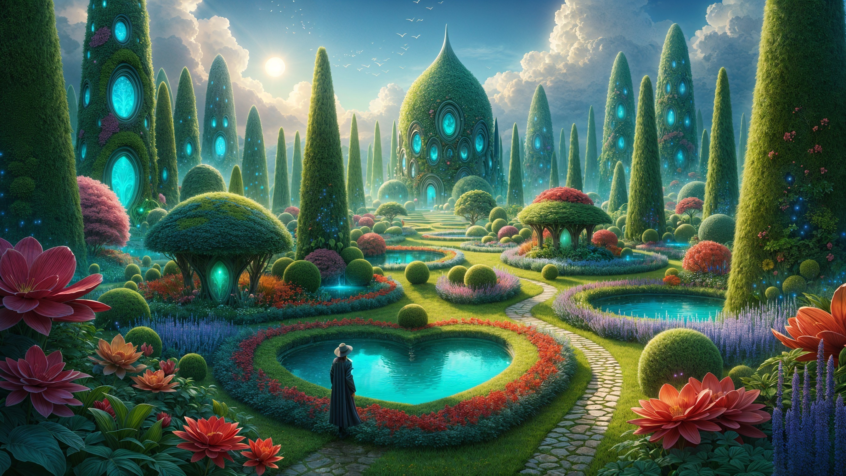 Vibrant Garden with Colorful Flowers and Tranquil Pools