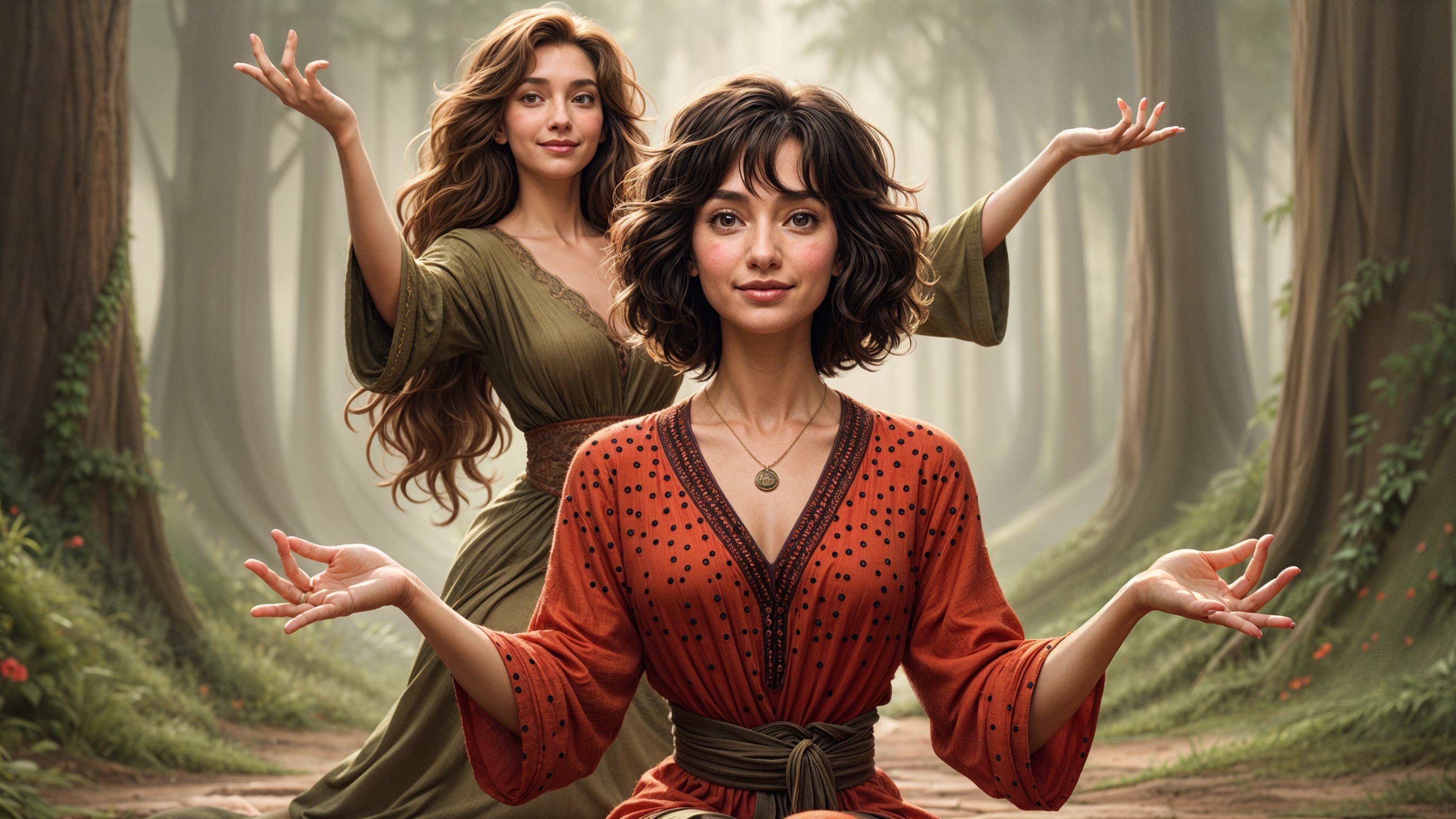Two women in a serene forest with flowing dresses