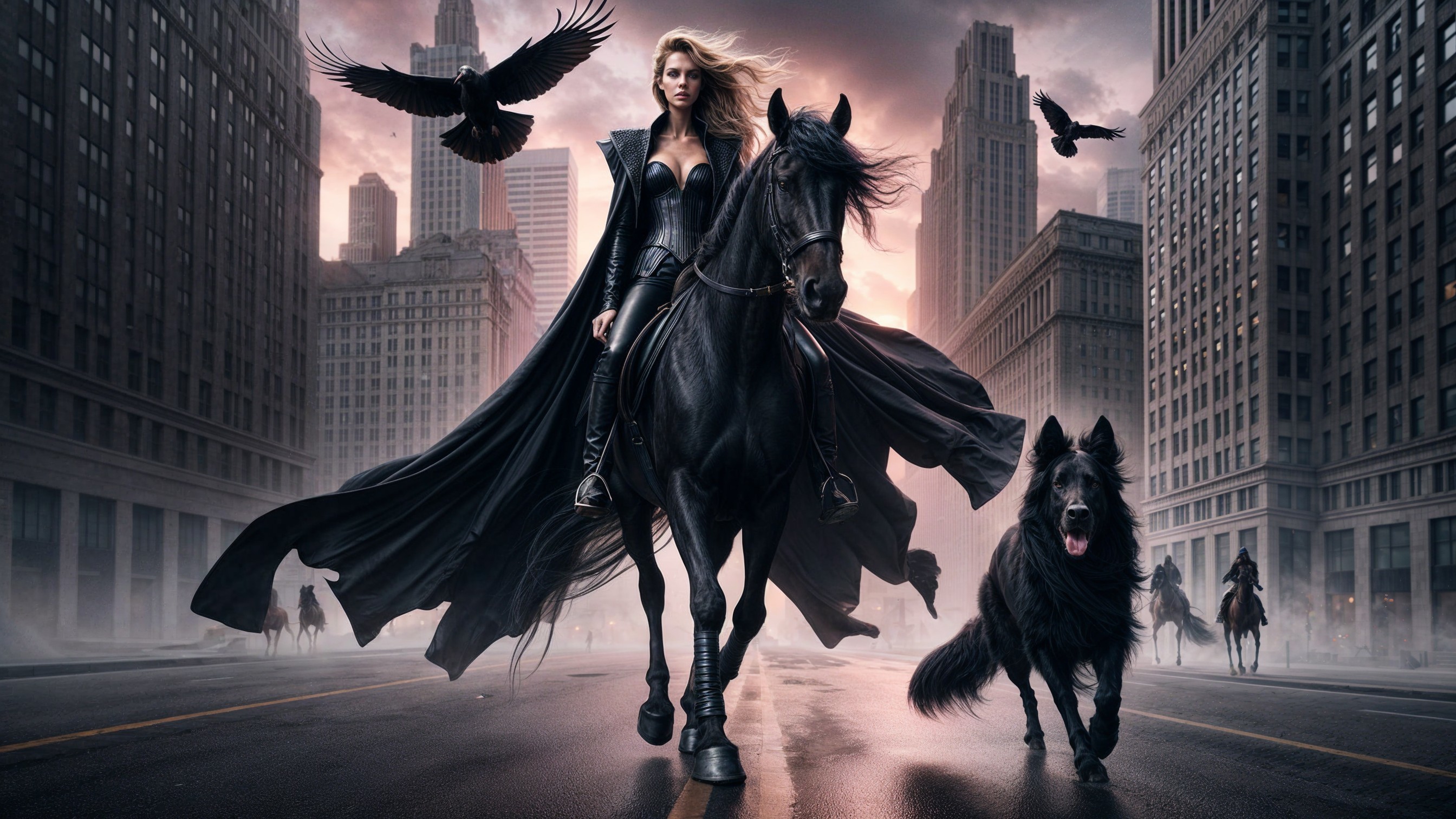 Mysterious Woman on Black Horse in Foggy Cityscape