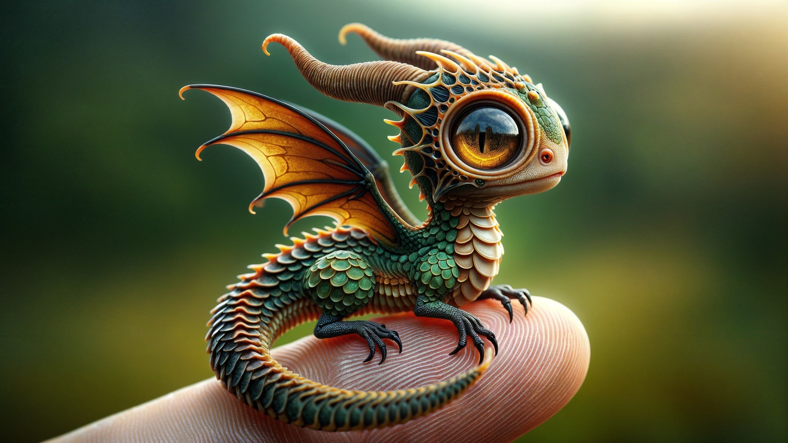 Whimsical Dragon on Fingertip with Vibrant Features