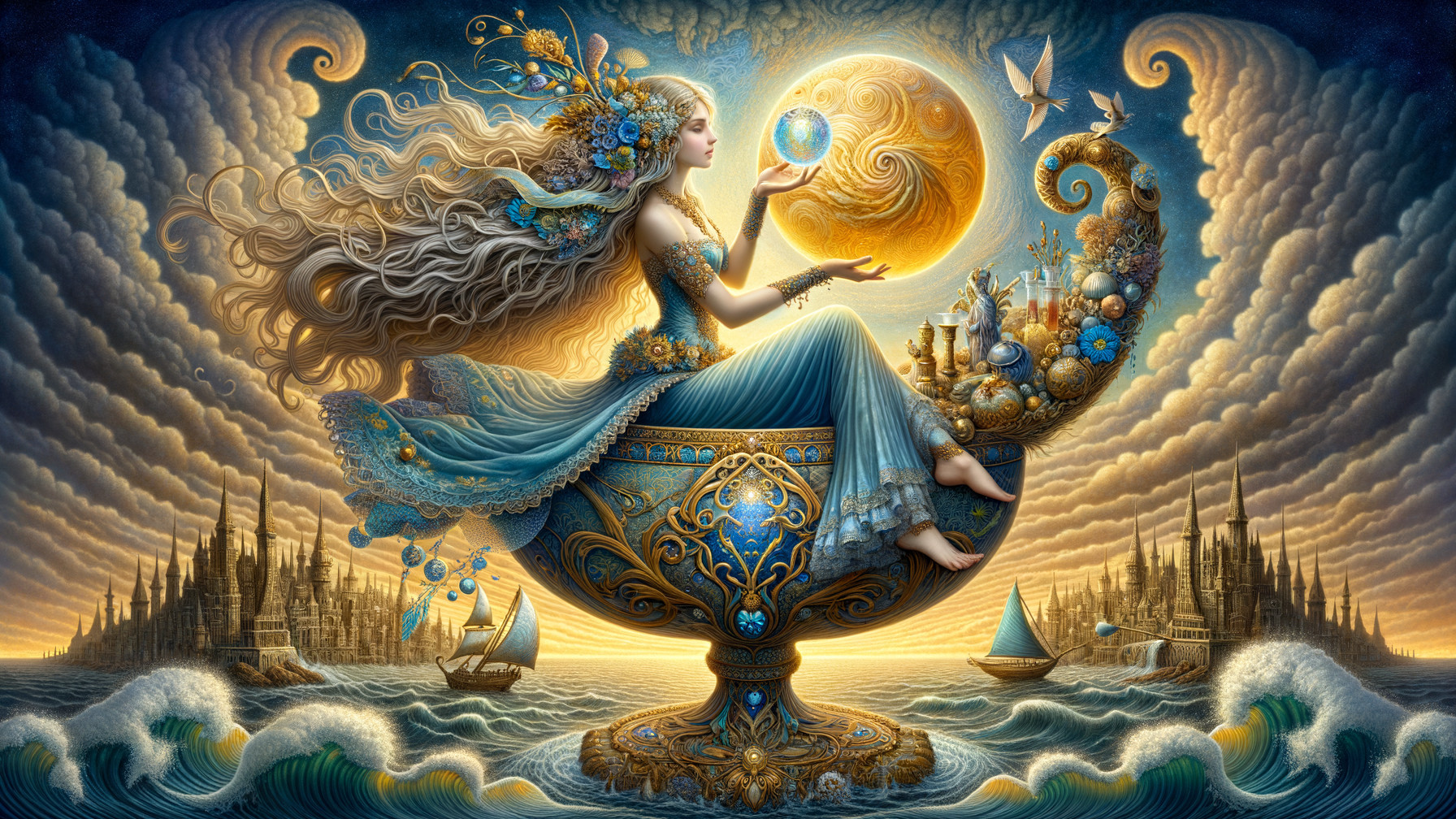 Serene Woman on Ornate Vessel with Glowing Orb