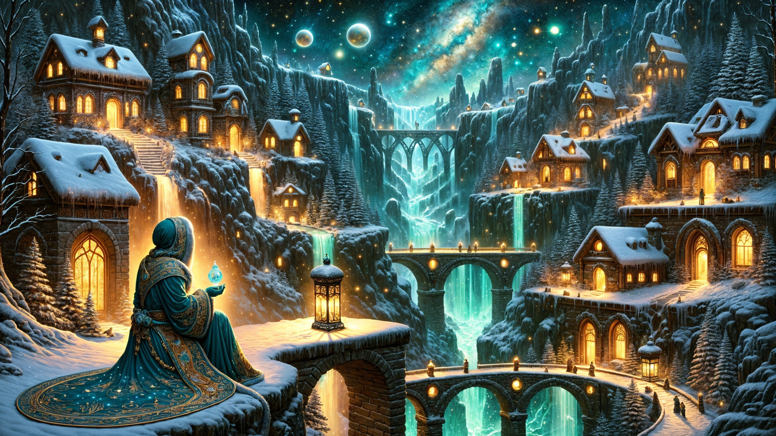 Mystical Winter Landscape with Serene Figure and Village