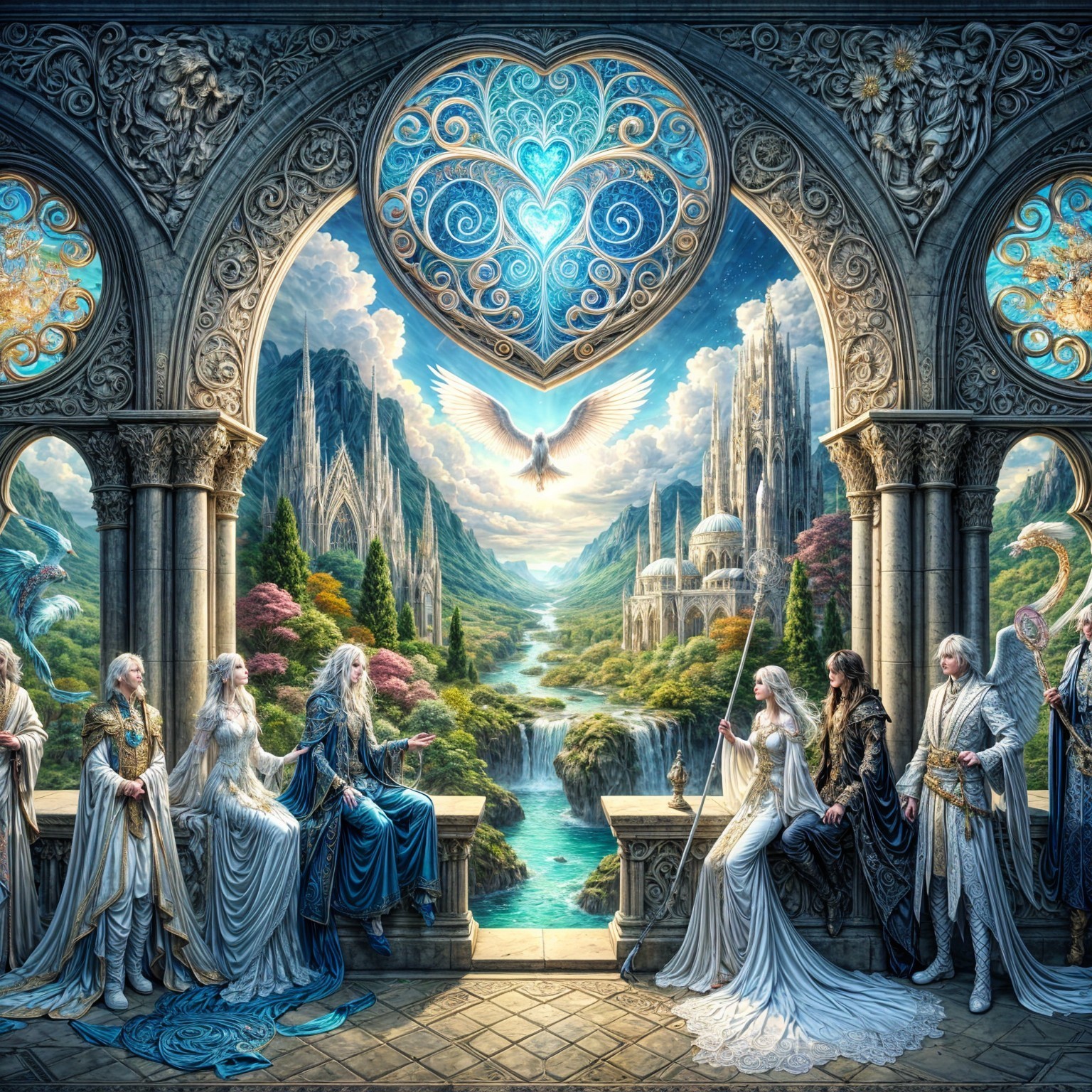 Majestic Hall with Diverse Figures and Scenic Landscape