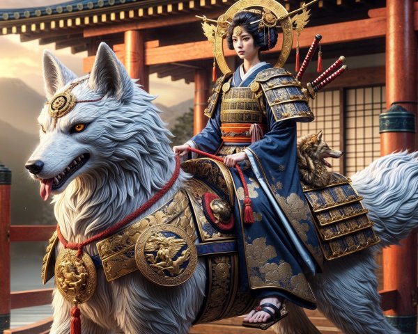 Warrior Princess on White Wolf in Serene Landscape