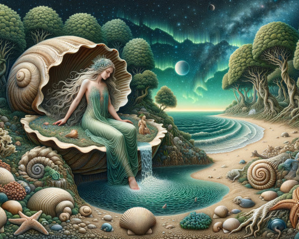 Mystical Mermaid Figure in Seashell by Tranquil Beach
