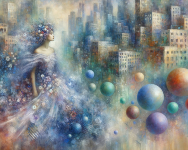 Woman in Floral Dress Amidst Blurred Cityscape
