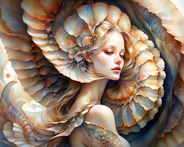 Serene Woman Surrounded by Seashells and Ocean Patterns