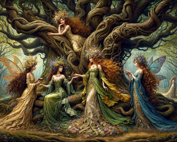 Five Ethereal Women in a Lush Forest Scene