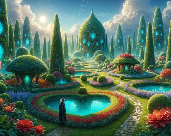 Vibrant Garden with Colorful Flowers and Tranquil Pools
