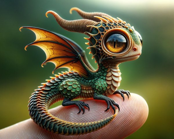 Whimsical Dragon on Fingertip with Vibrant Features
